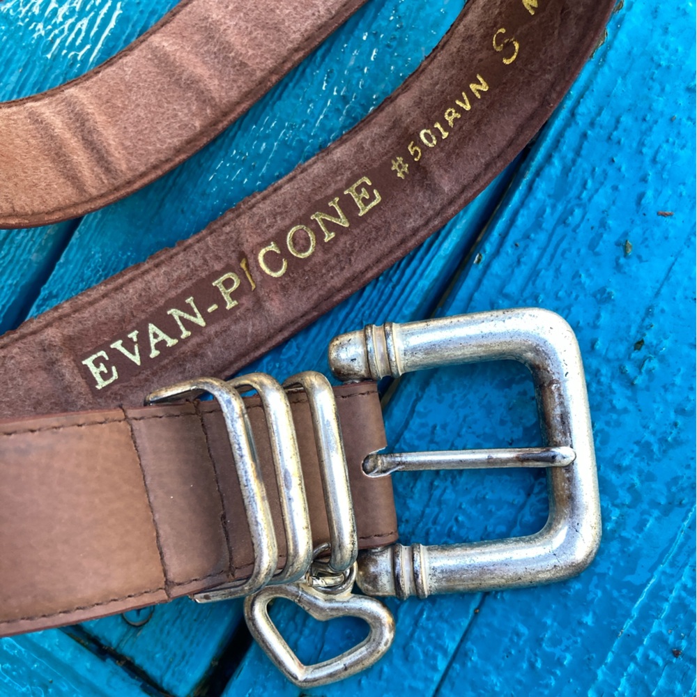 Belt EVAN PICONE Silver Heart Vintage Retro Boho Leather Light Brown Size Small